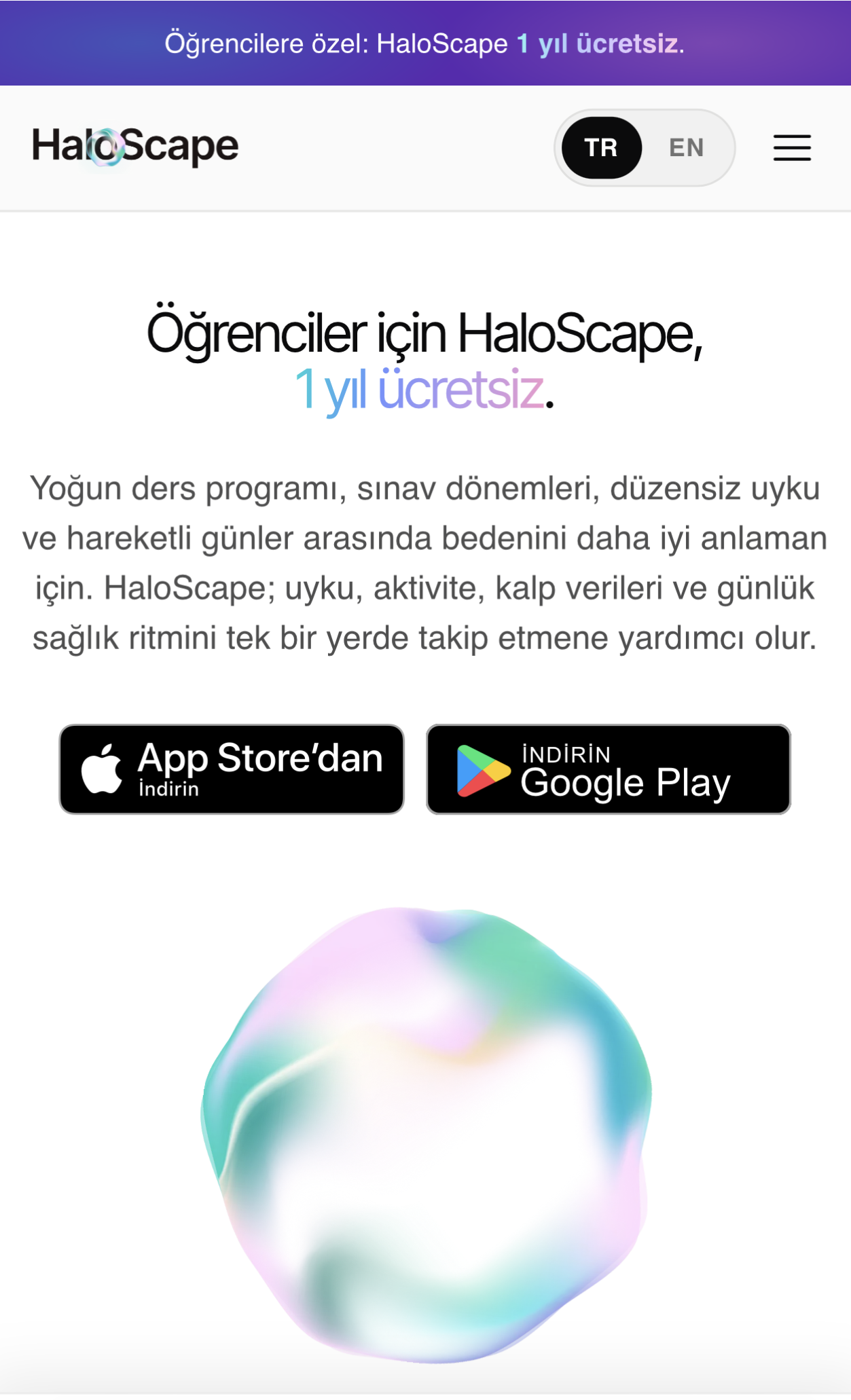 Telefonda HaloScape öğrenci sayfası: uygulamanın bir yıl ücretsiz olduğu bilgisi, App Store ve Google Play butonları