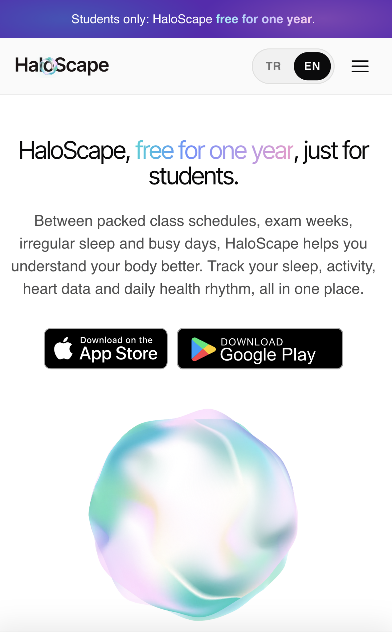 HaloScape students landing page on a phone, offering the app free for one year with App Store and Google Play buttons