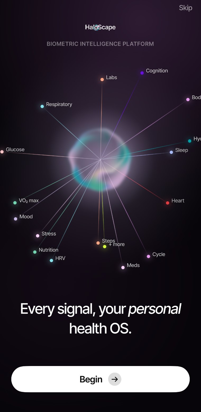 HaloScape onboarding screen showing health signals such as sleep, HRV, glucose and nutrition connected to a central point